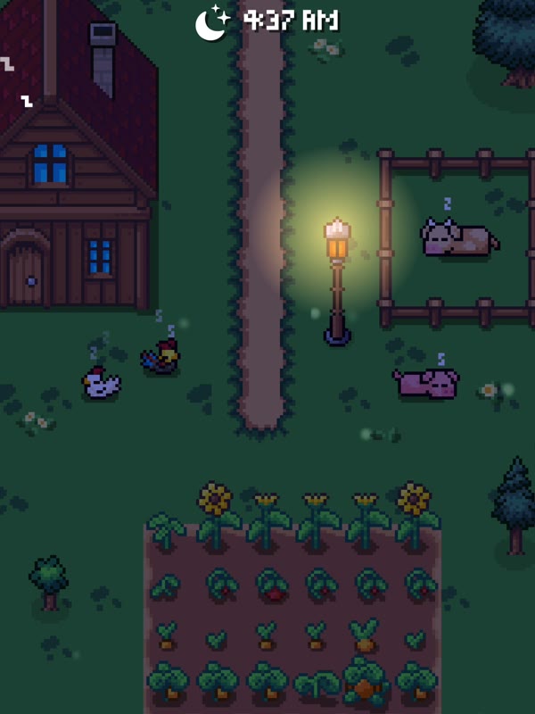 The farm at 4:37 a.m.: the animals are asleep and the crops have grown taller. A strip along the bottom traces the night's sleep stages.